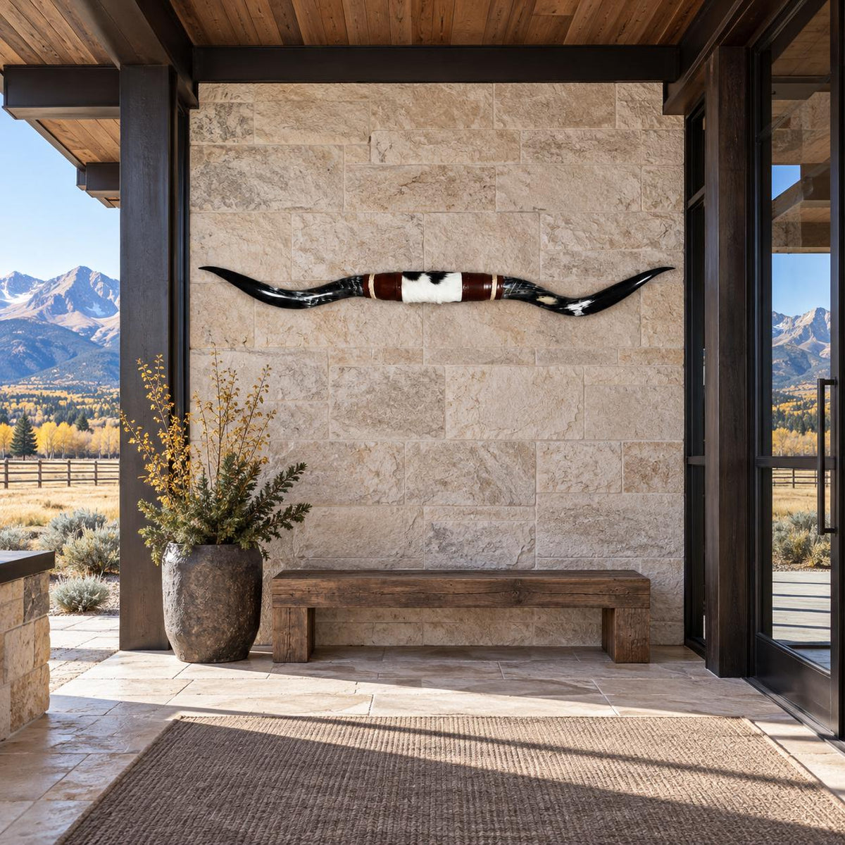 Mounted Longhorn Wall Decor, 66” Wide - Natural Horns with Cowhide-Wrapped Wood Mount