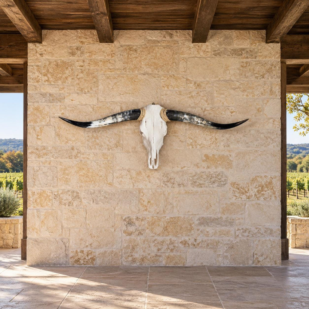 Longhorn Skull Wall Decor, 46” Wide – Natural Patterned Horns, Rustic Ranch Decor