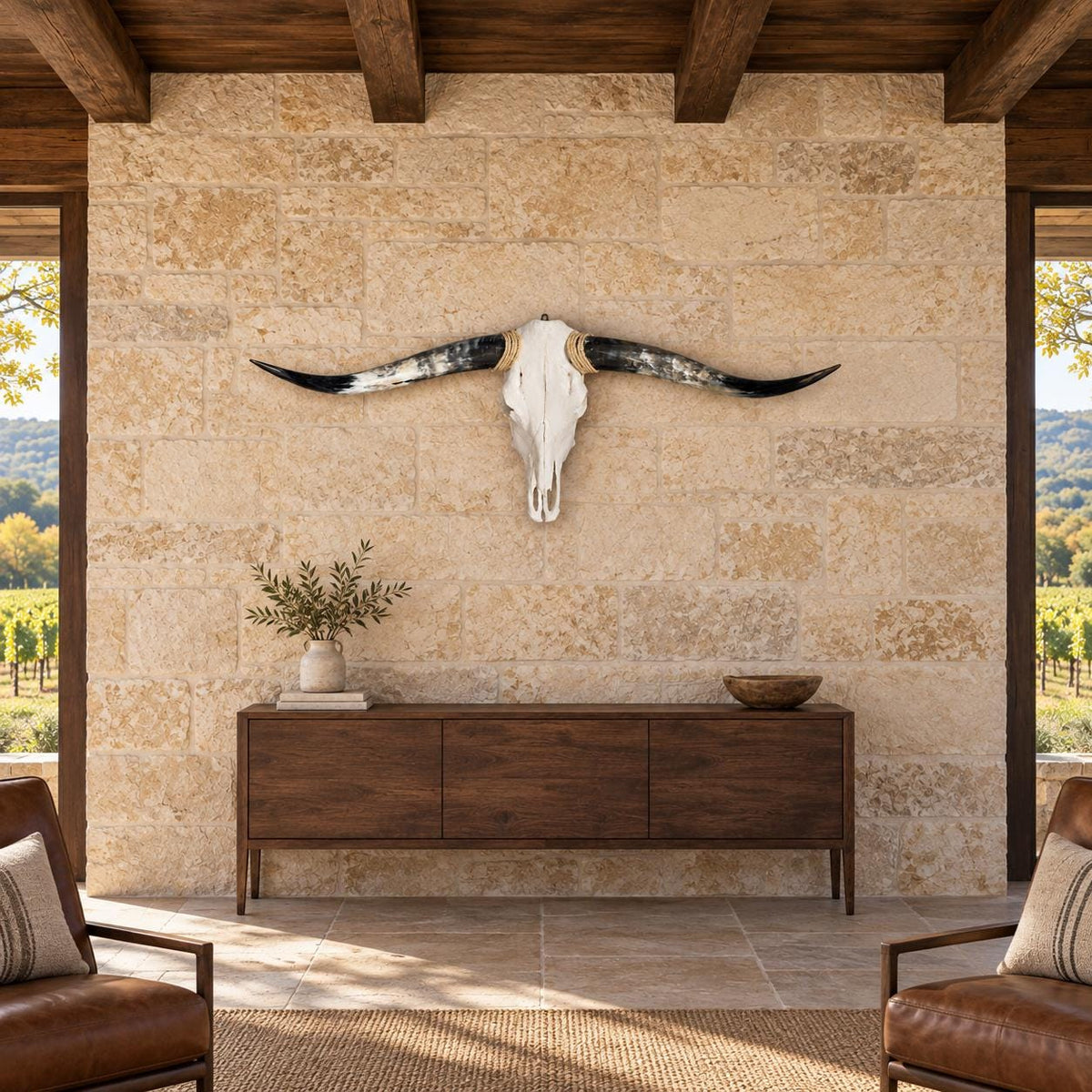 Longhorn Skull Wall Decor, 46” Wide – Natural Patterned Horns, Rustic Ranch Decor