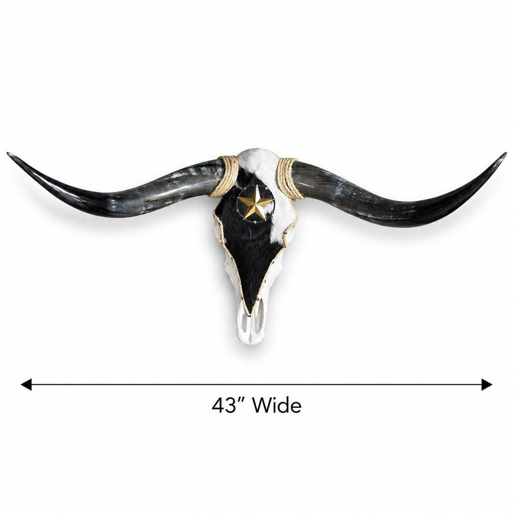 Longhorn Skull, 43” Wide – Black & White Cowhide with Western Star