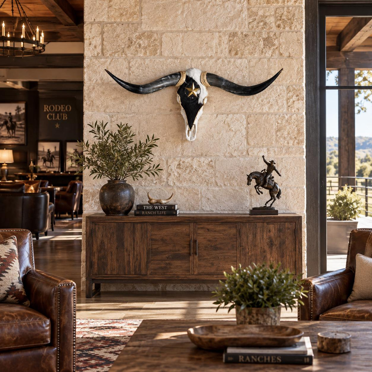 Longhorn Skull, 43” Wide – Black & White Cowhide with Western Star