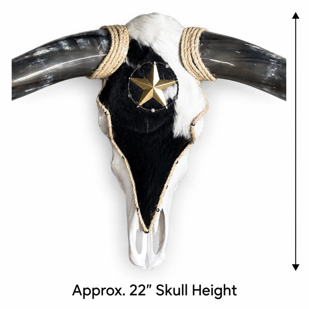 Longhorn Skull, 43” Wide – Black & White Cowhide with Western Star