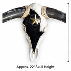 Longhorn Skull, 43” Wide – Black & White Cowhide with Western Star