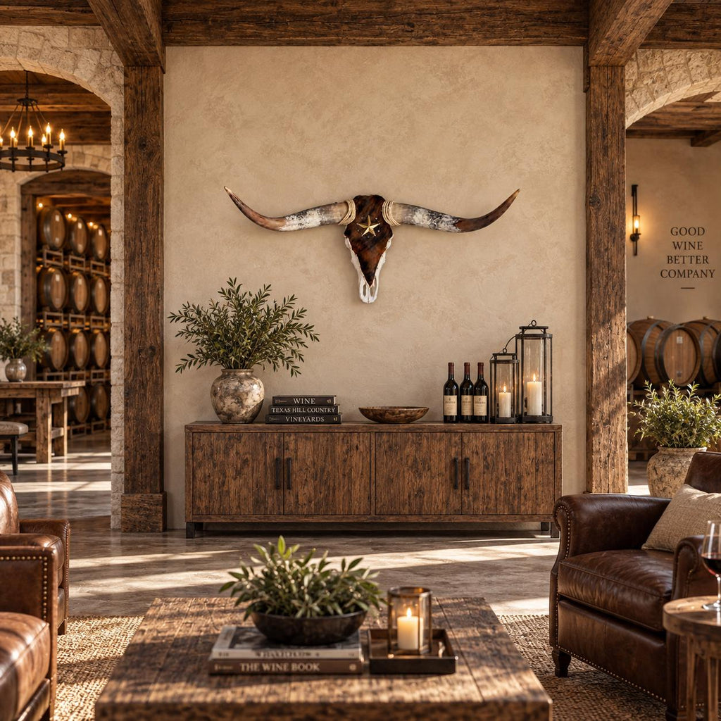 Longhorn Skull Wall Decor, 41” Wide – Brown Cowhide with Western Star