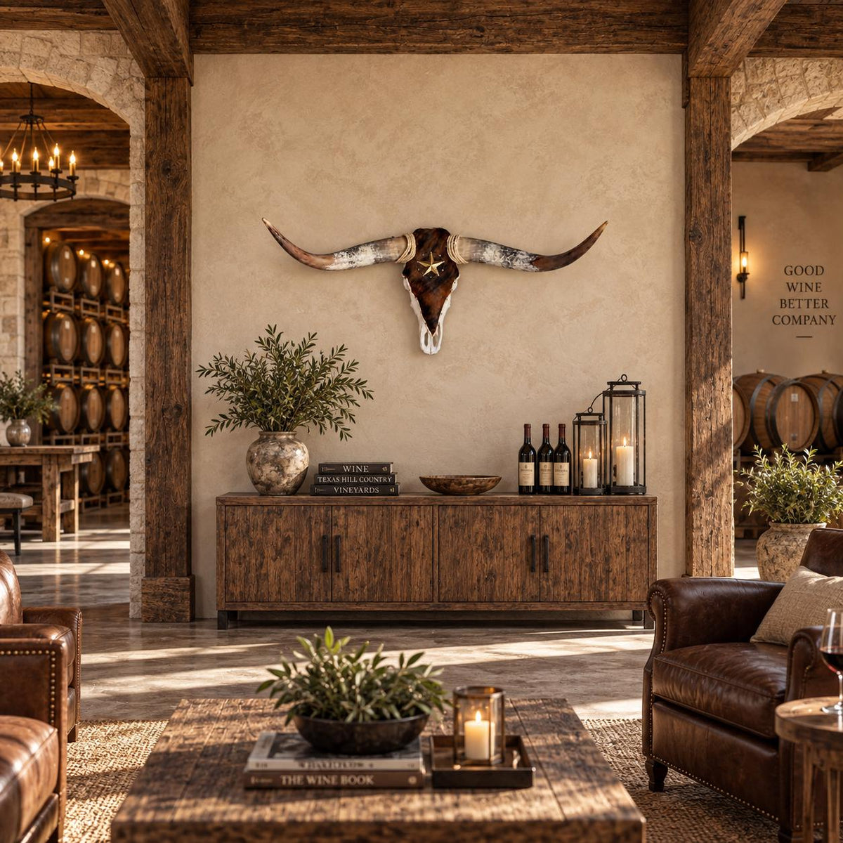 Longhorn Skull Wall Decor, 41” Wide – Brown Cowhide with Western Star