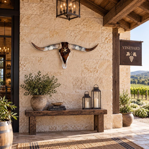 Longhorn Skull Wall Decor, 41” Wide – Brown Cowhide with Western Star