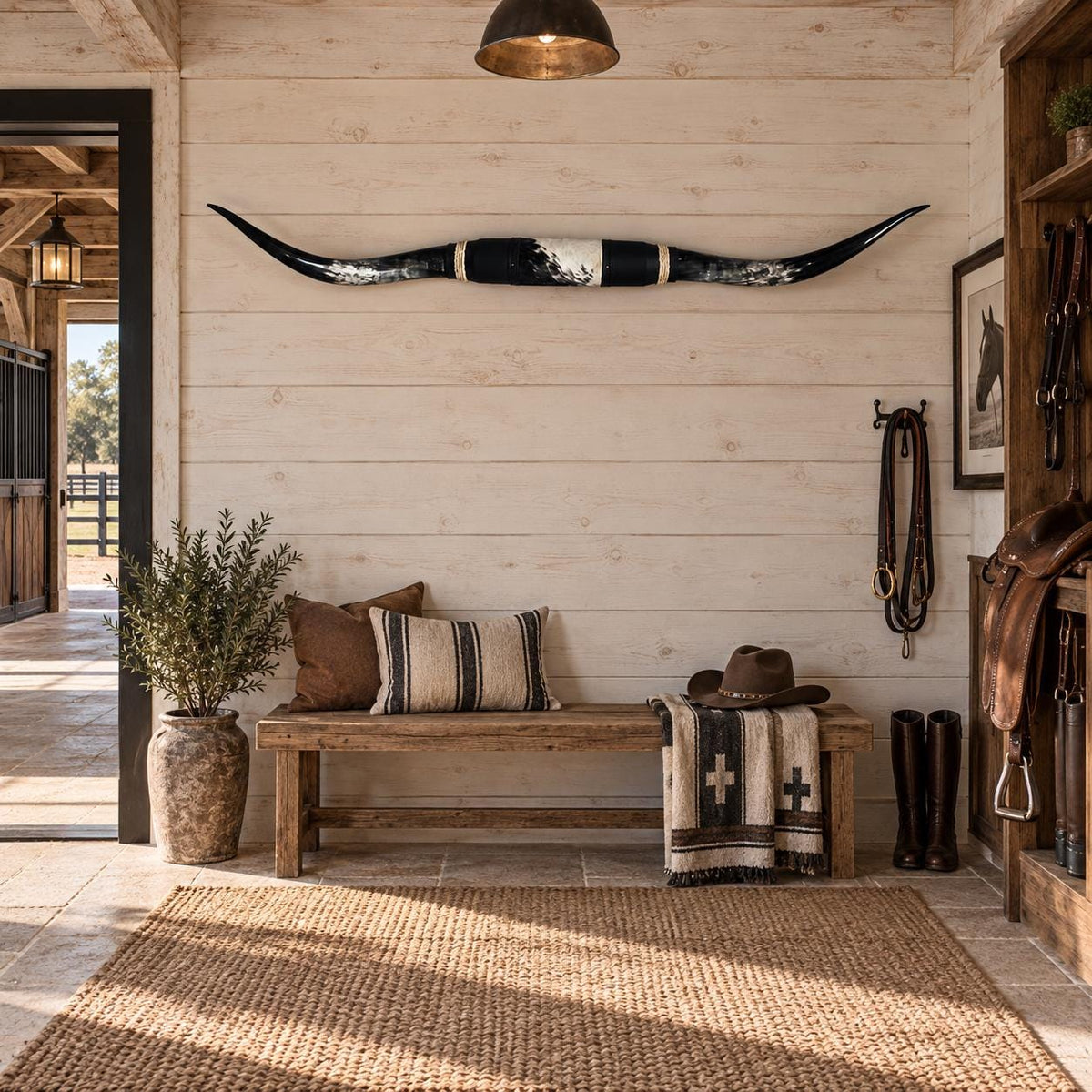 Mounted Longhorn Wall Decor, 67” Wide - Natural Horns with Cowhide-Wrapped Wood Mount