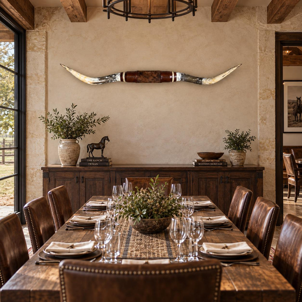 Mounted Longhorn Wall Decor, 68” Wide - Natural Horns with Cowhide-Wrapped Wood Mount