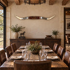 Mounted Longhorn Wall Decor, 68” Wide - Natural Horns with Cowhide-Wrapped Wood Mount