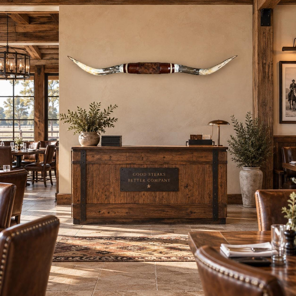 Mounted Longhorn Wall Decor, 68” Wide - Natural Horns with Cowhide-Wrapped Wood Mount