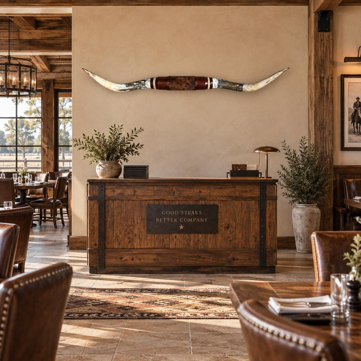 Mounted Longhorn Wall Decor, 68” Wide - Natural Horns with Cowhide-Wrapped Wood Mount