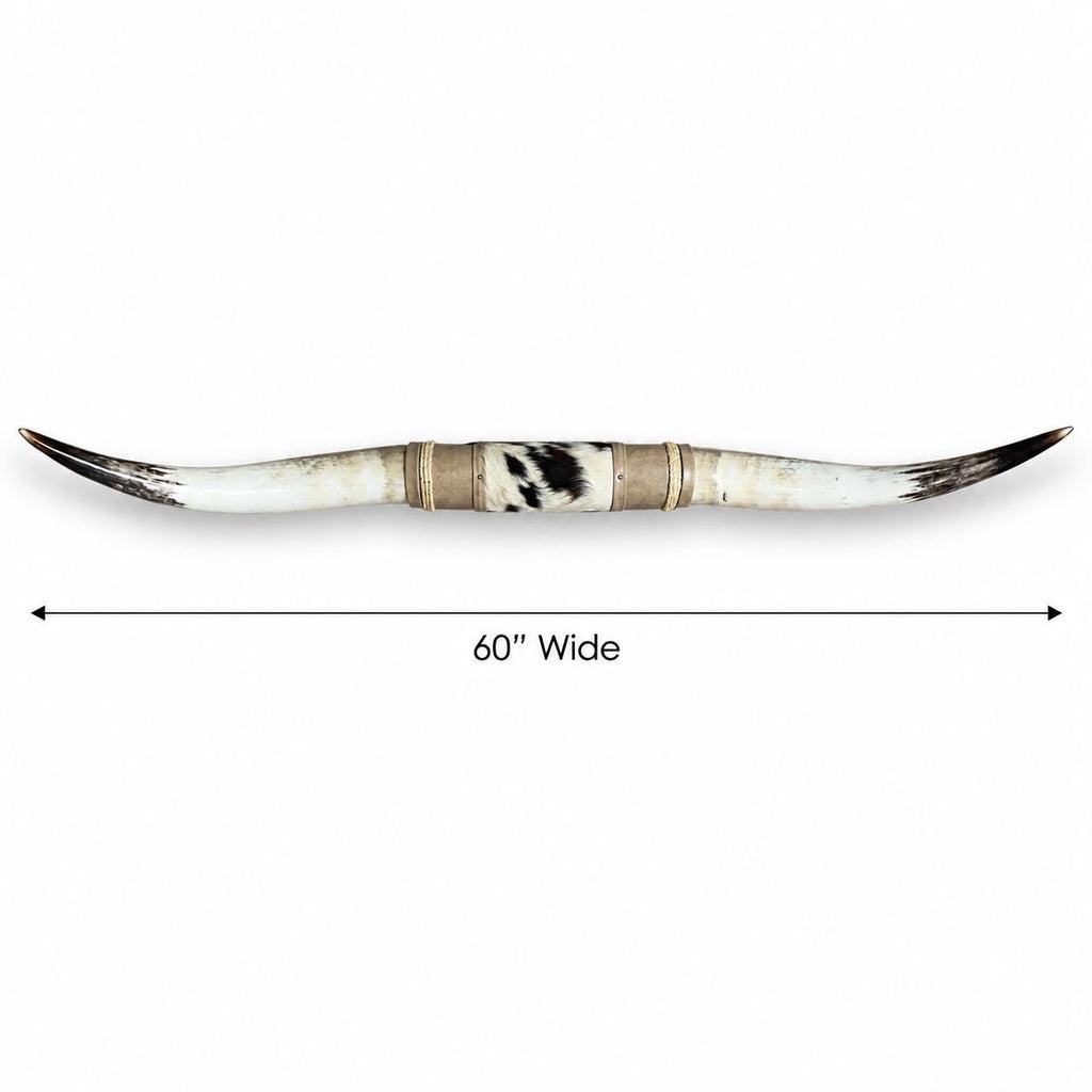 Mounted Longhorn Wall Decor, 60” Wide - Natural Horns with Cowhide-Wrapped Wood Mount