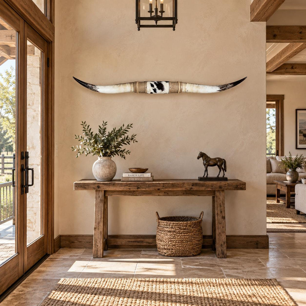 Mounted Longhorn Wall Decor, 60” Wide - Natural Horns with Cowhide-Wrapped Wood Mount