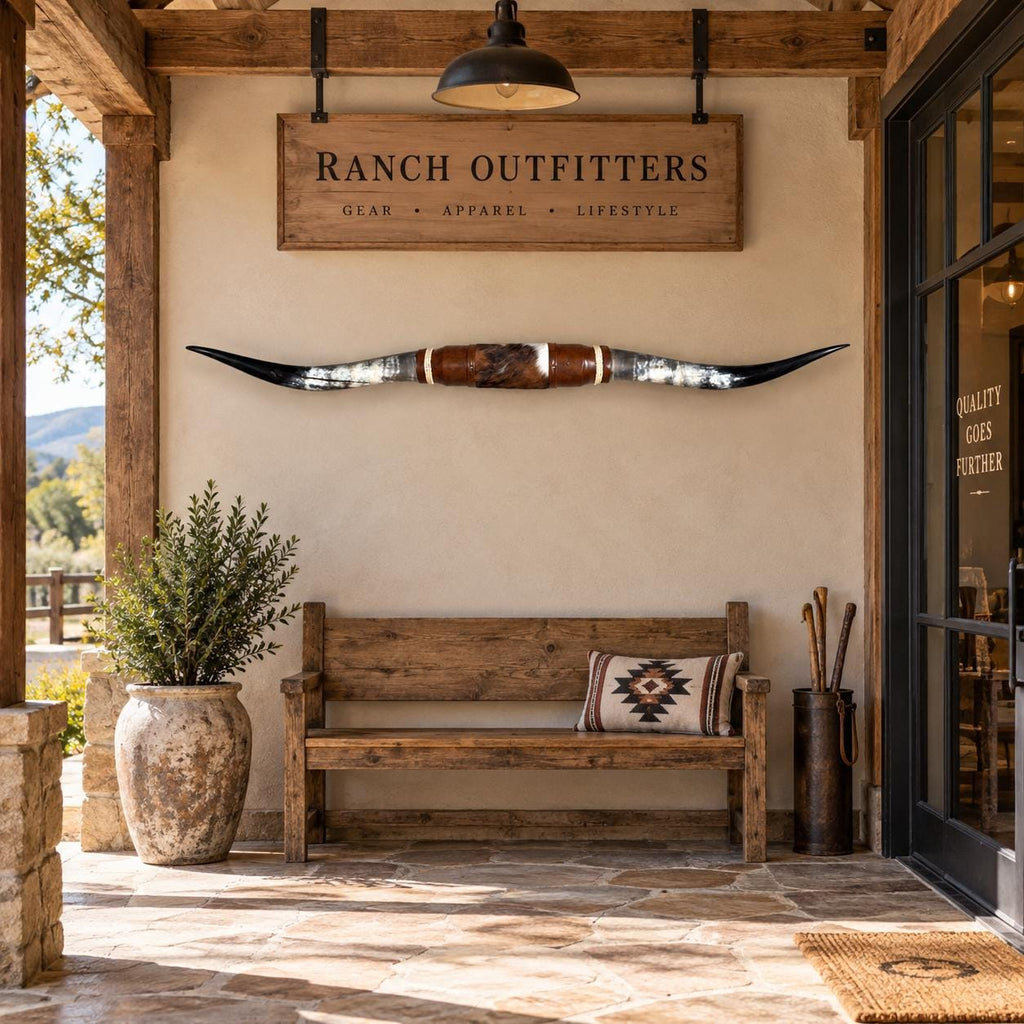 Mounted Longhorn Wall Decor, 69” Wide - Natural Horns with Cowhide-Wrapped Wood Mount