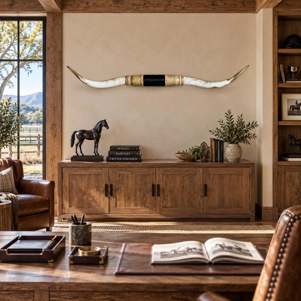 Mounted Longhorn Wall Decor, 65” Wide - Natural Horns with Cowhide-Wrapped Wood Mount