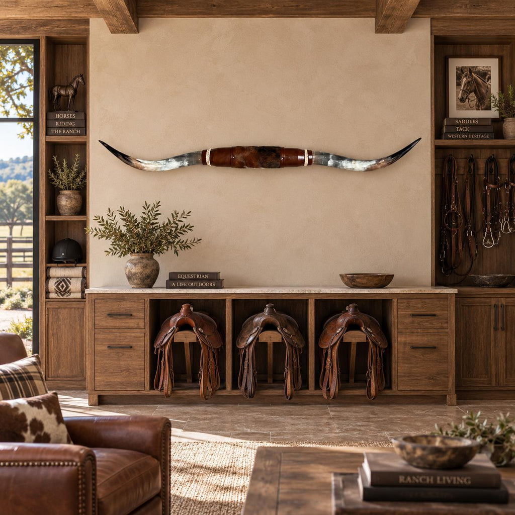Mounted Longhorn Wall Decor, 68” Wide - Natural Horns with Cowhide-Wrapped Wood Mount