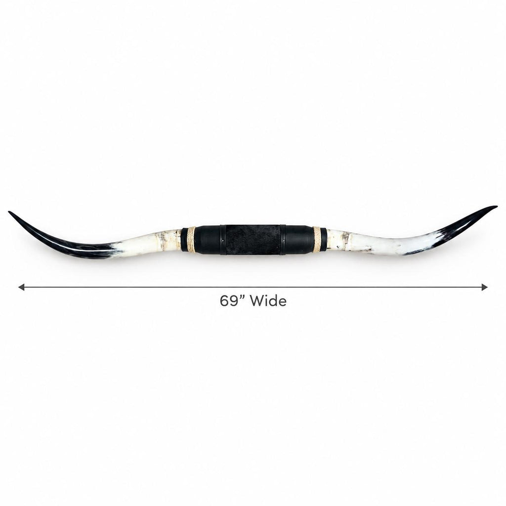 Mounted Longhorn Wall Decor, 69” Wide - Natural Horns with Cowhide-Wrapped Wood Mount