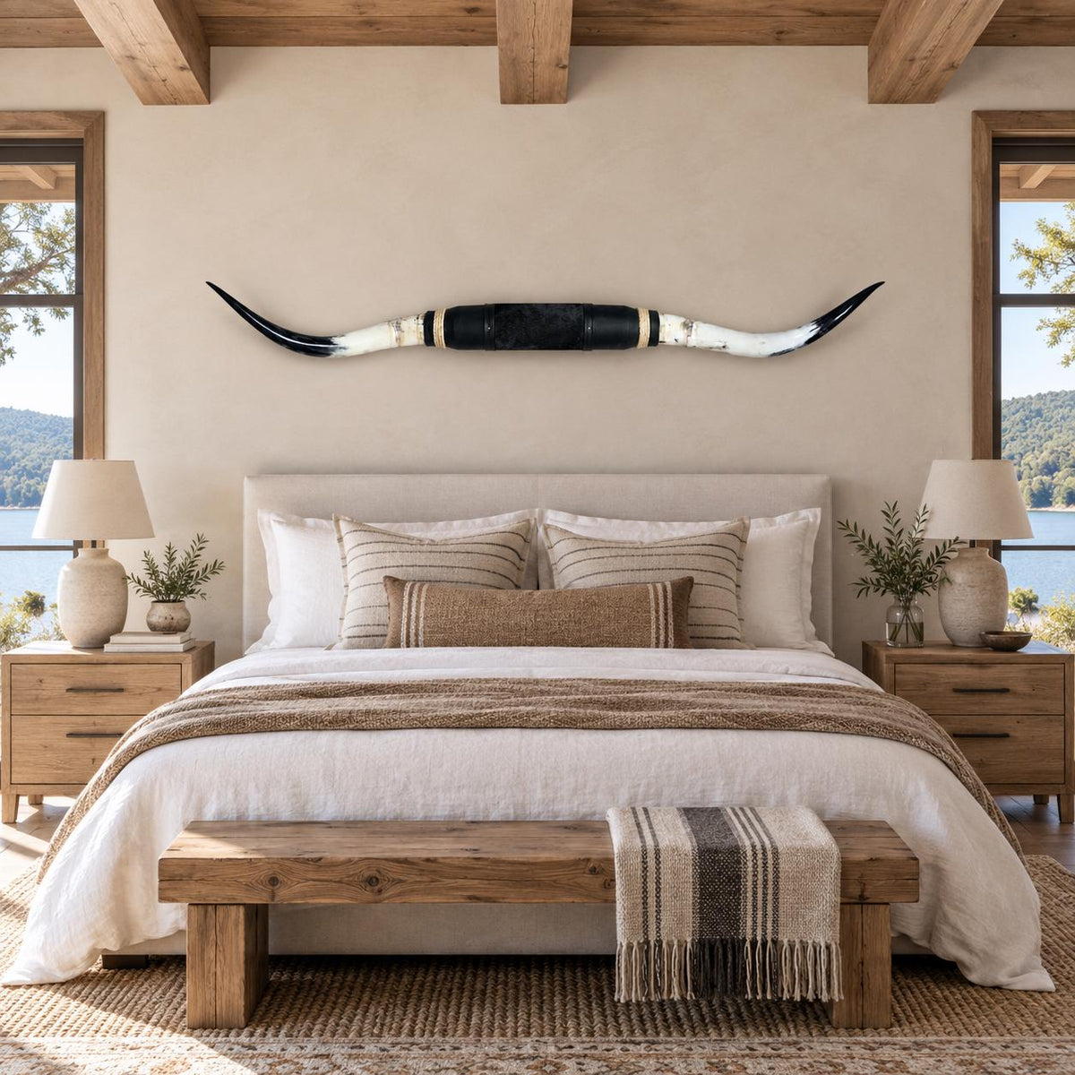 Mounted Longhorn Wall Decor, 69” Wide - Natural Horns with Cowhide-Wrapped Wood Mount