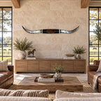 Mounted Longhorn Wall Decor, 65” Wide - Natural Horns with Cowhide-Wrapped Wood Mount