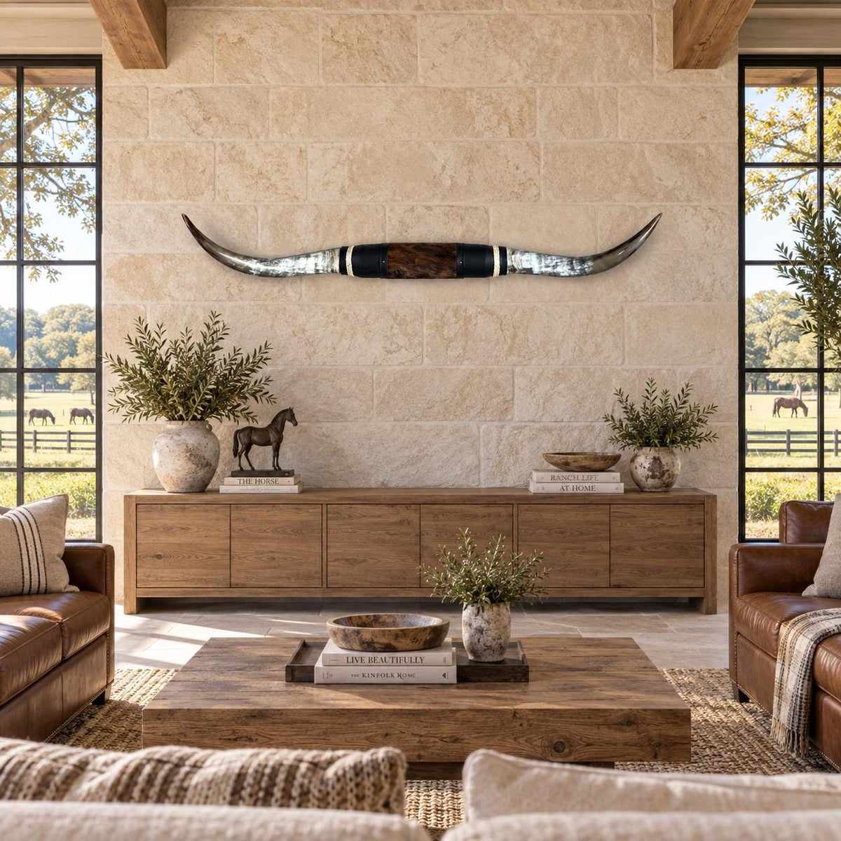 Mounted Longhorn Wall Decor, 65” Wide - Natural Horns with Cowhide-Wrapped Wood Mount