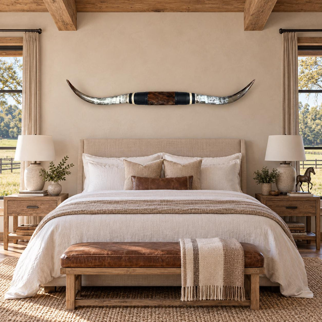 Mounted Longhorn Wall Decor, 65” Wide - Natural Horns with Cowhide-Wrapped Wood Mount