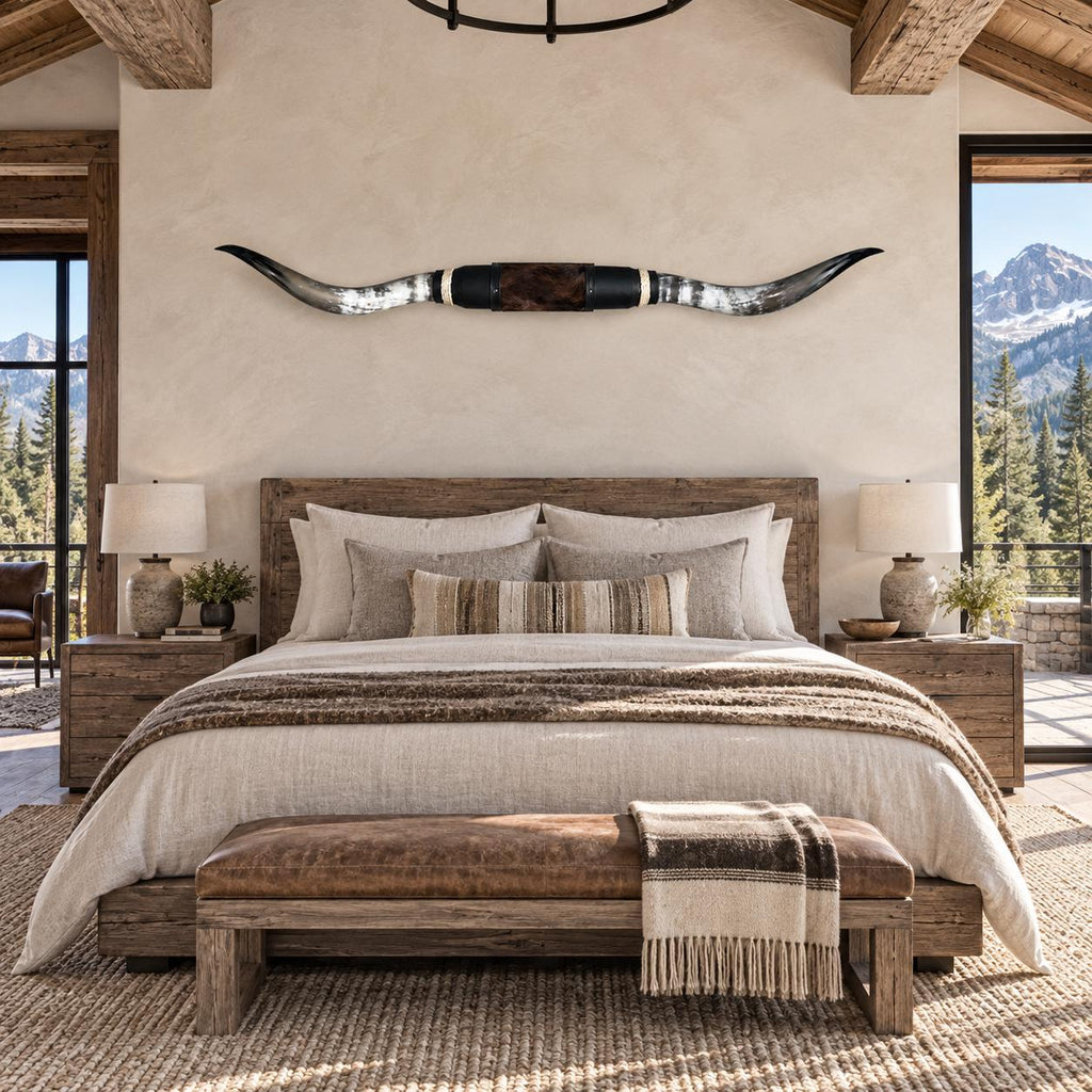 Mounted Longhorn Wall Decor, 69” Wide - Natural Horns with Cowhide-Wrapped Wood Mount