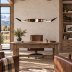Mounted Longhorn Wall Decor, 68” Wide - Natural Horns with Cowhide-Wrapped Wood Mount