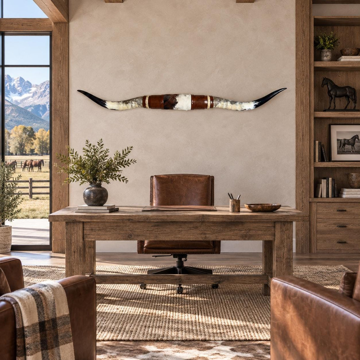 Mounted Longhorn Wall Decor, 68” Wide - Natural Horns with Cowhide-Wrapped Wood Mount