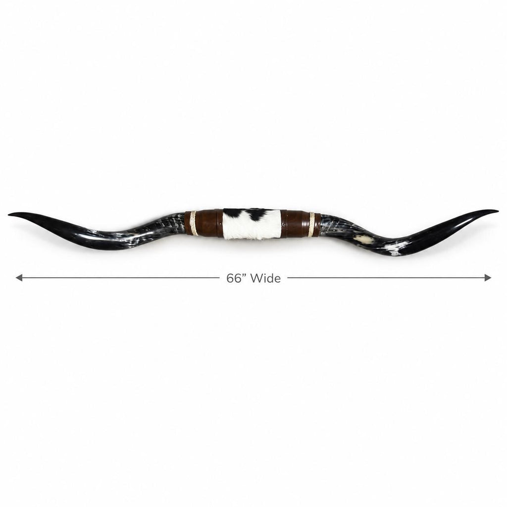 Mounted Longhorn Wall Decor, 66” Wide - Natural Horns with Cowhide-Wrapped Wood Mount
